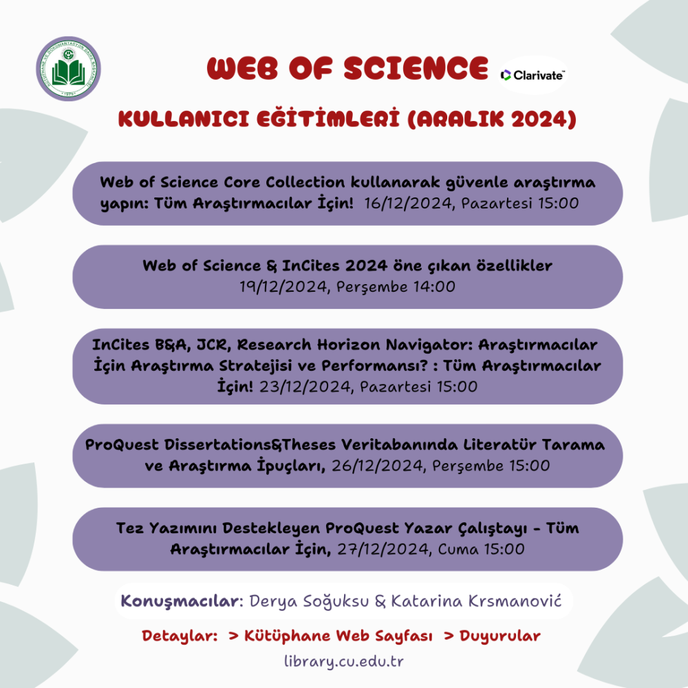 Web Of Science Aralık Ayı Kullanıcı Eğitimleri